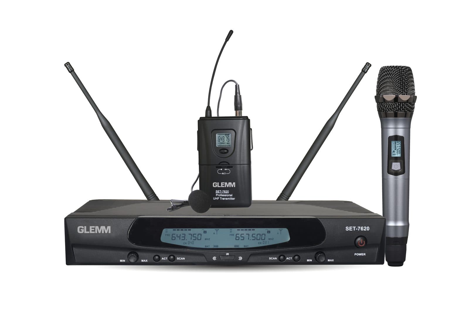 Dual handheld UHF radio microphone + bodypack with lavalier - Glemm SET 7620 PL